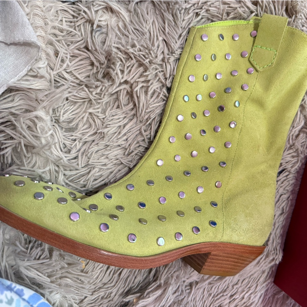 SCHUTZ Green Ankle Booties with Polka Dot Design